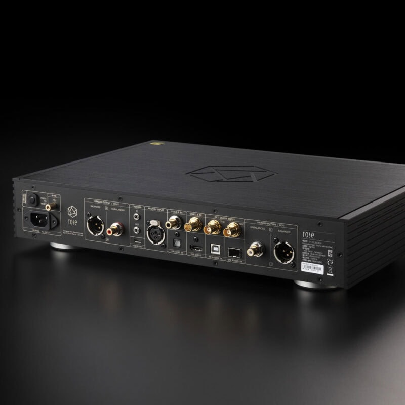 Baksiden av Hifi Rose RD 160 med tilkoblinger (innganger og utganger)