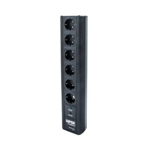 MAINS-BLOCK-MD06-EU-SP-SPC-BLACK-SWITCH-6 skjermet strømskinne med overspenningsvern, sølvplattert kabling og av/på bryter