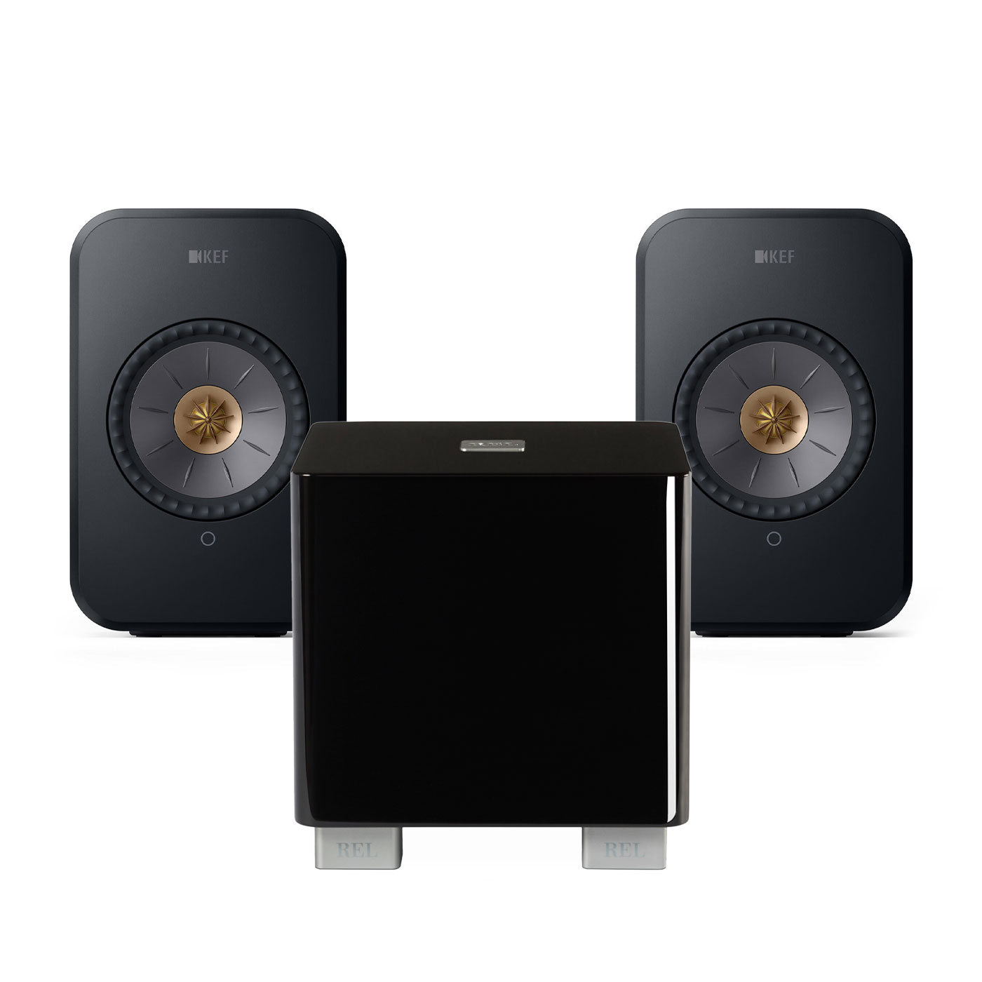 Stereopakke med KEF LSX aktive høyttalere og REL T5 subwoofer